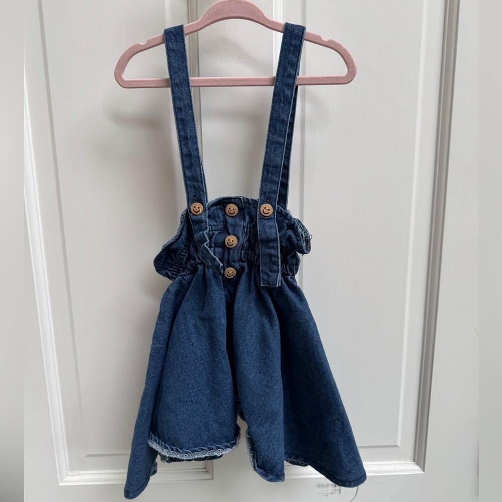 Blue Denim Overalls Dress Jumper with Adjustable Straps Smiley Face Buttons - Picture 1 of 5
